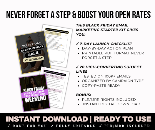 Black Friday Email Marketing Starter Kit | Launch Checklist + 20 Subject Lines (PLR/MRR)