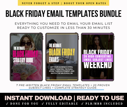 Black Friday Email Templates Bundle | 7 Pre-Written Emails + Strategy Guide + Subject Lines (PLR/MRR)