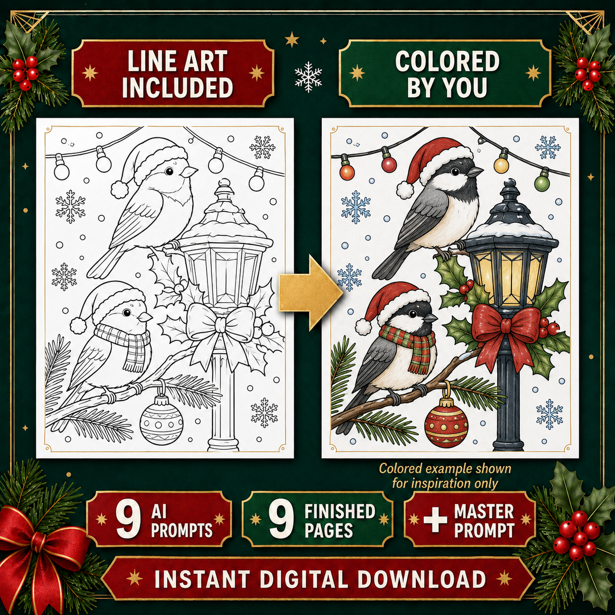 Christmas Bird Coloring Page AI Prompt Pack