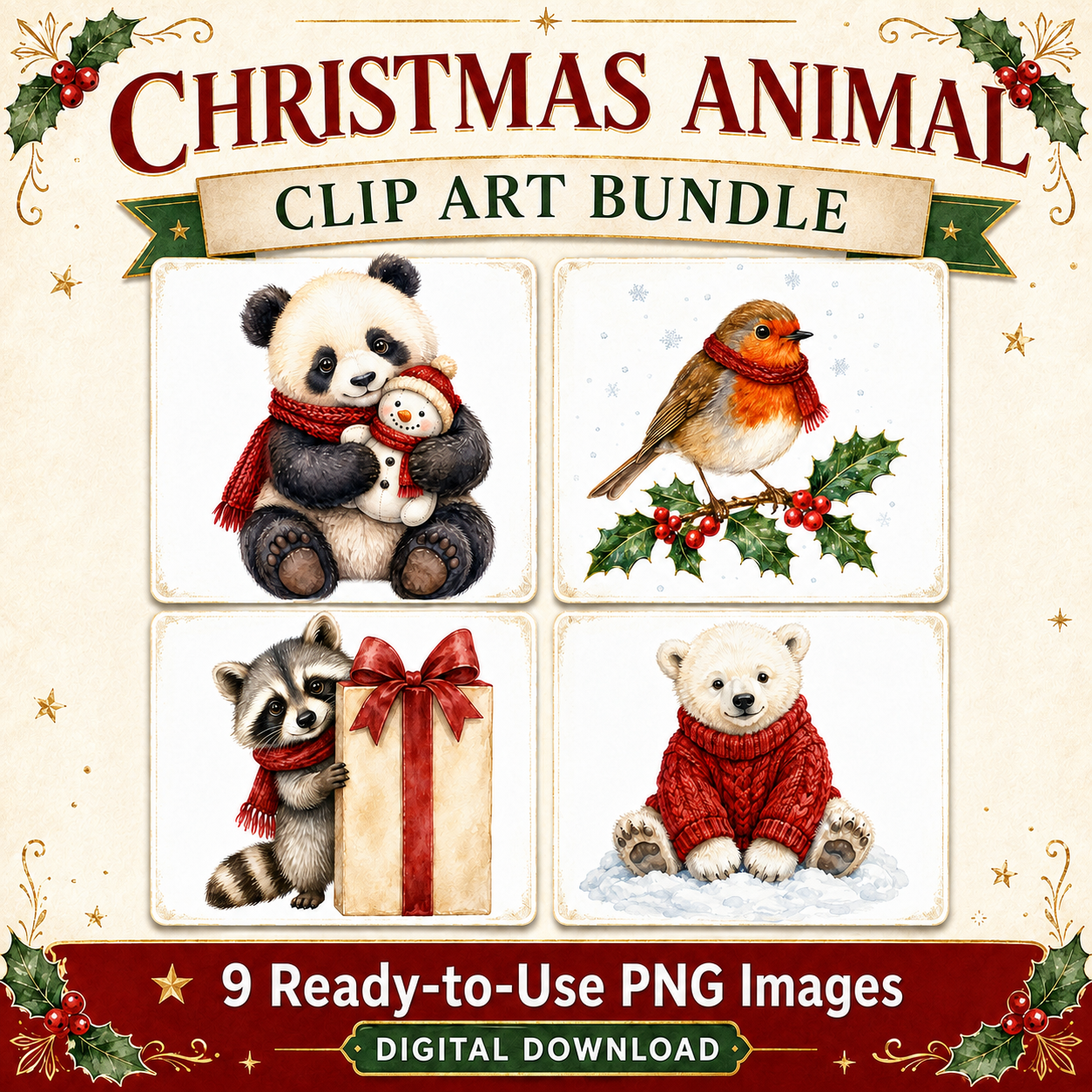 9 Christmas Animal Clipart Bundle