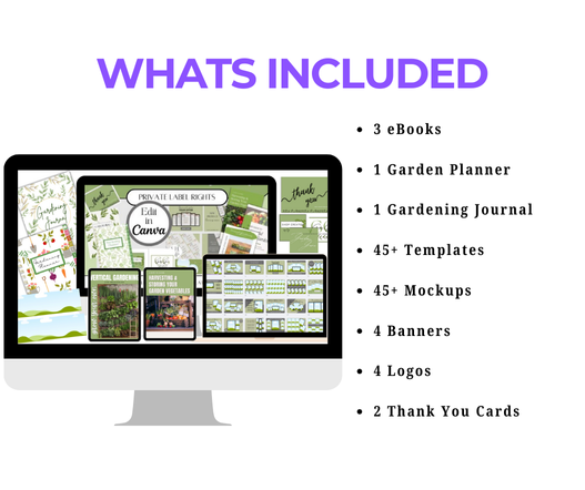 Comprehensive PLR Digital Gardening Bundle featuring eBooks, planners, mockups, and social media templates for gardening businesses.
