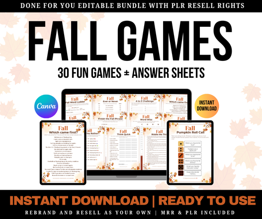 30 Editable Fall Games with PLR Rights | Canva Templates + PDFs + Answer Keys