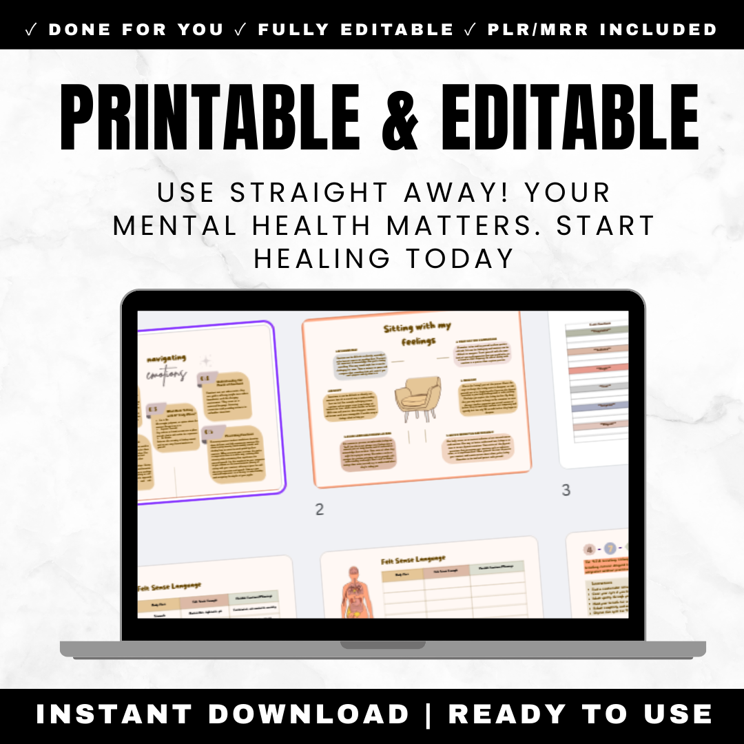 Emotional Regulation Workbook 11 Pages - DBT Skills Feelings Wheel Opposite Actions Check Facts Felt Sense Language Breath Techniques Self-Compassion Landscape PDF Editable Canva PLR MRR