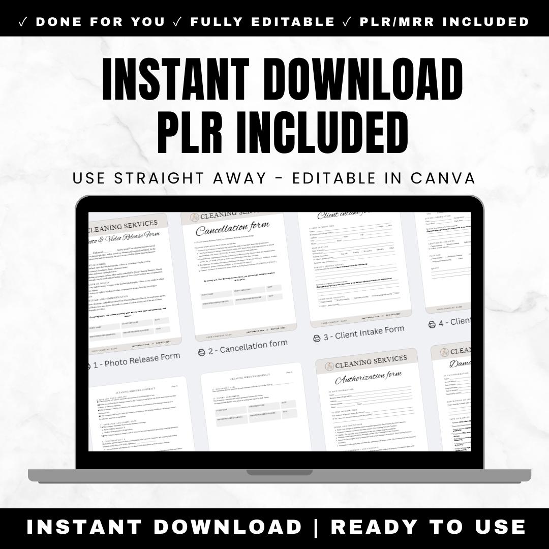 Complete Cleaning Business Bundle 70 Plus Templates - Forms Contracts Invoices Checklists Marketing Flyers Social Media Business Cards Branding Editable Canva Start Professional Cleaning Service