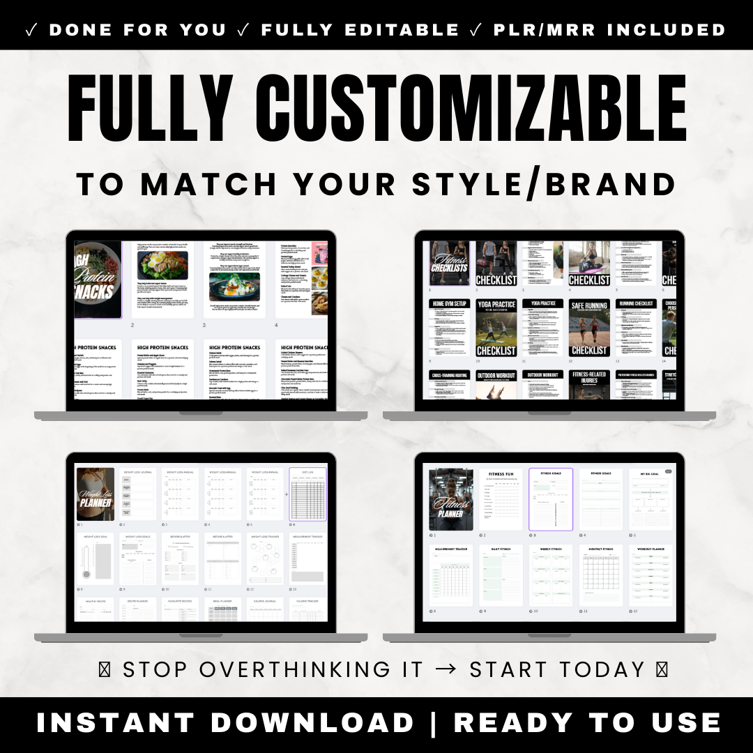 Complete Weight Loss Transformation System for Gym Beginners Bundle - 5 Products 150 Pages - Fitness Education Checklists High Protein Recipes Weight Loss Planner 75 Hard Tracker Workout Planner - Printable Canva Editable PLR MRR Rights