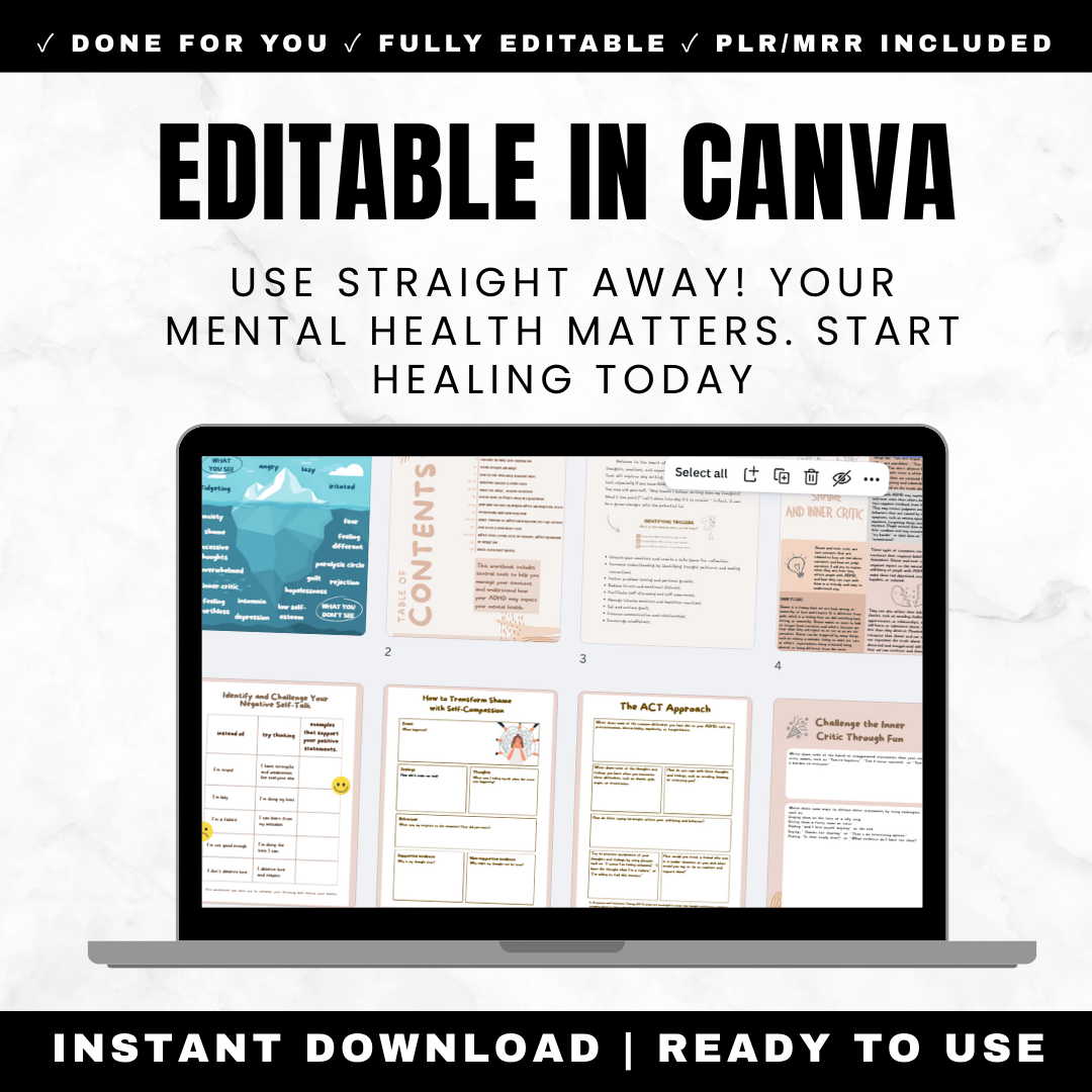 Mental Health Workbook 27 Pages - Anxiety Depression Anger Management Inner Critic Coping Tools Self-Care PLR MRR Digital Printable