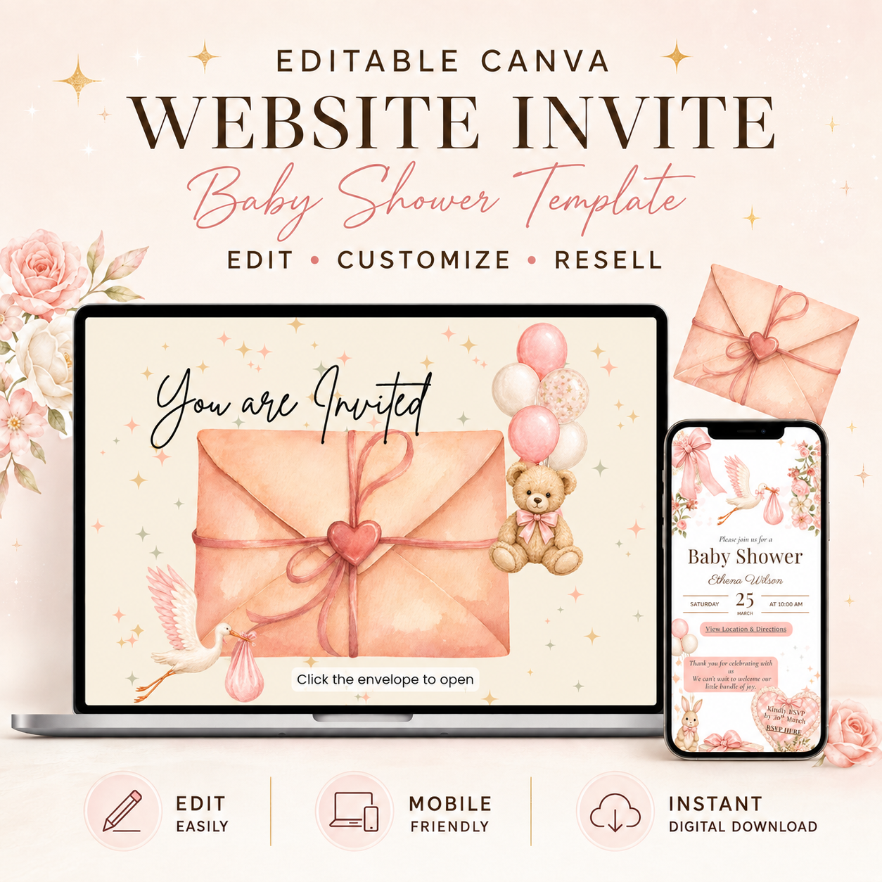 Canva Baby Shower Website Template PLR | Editable Invite