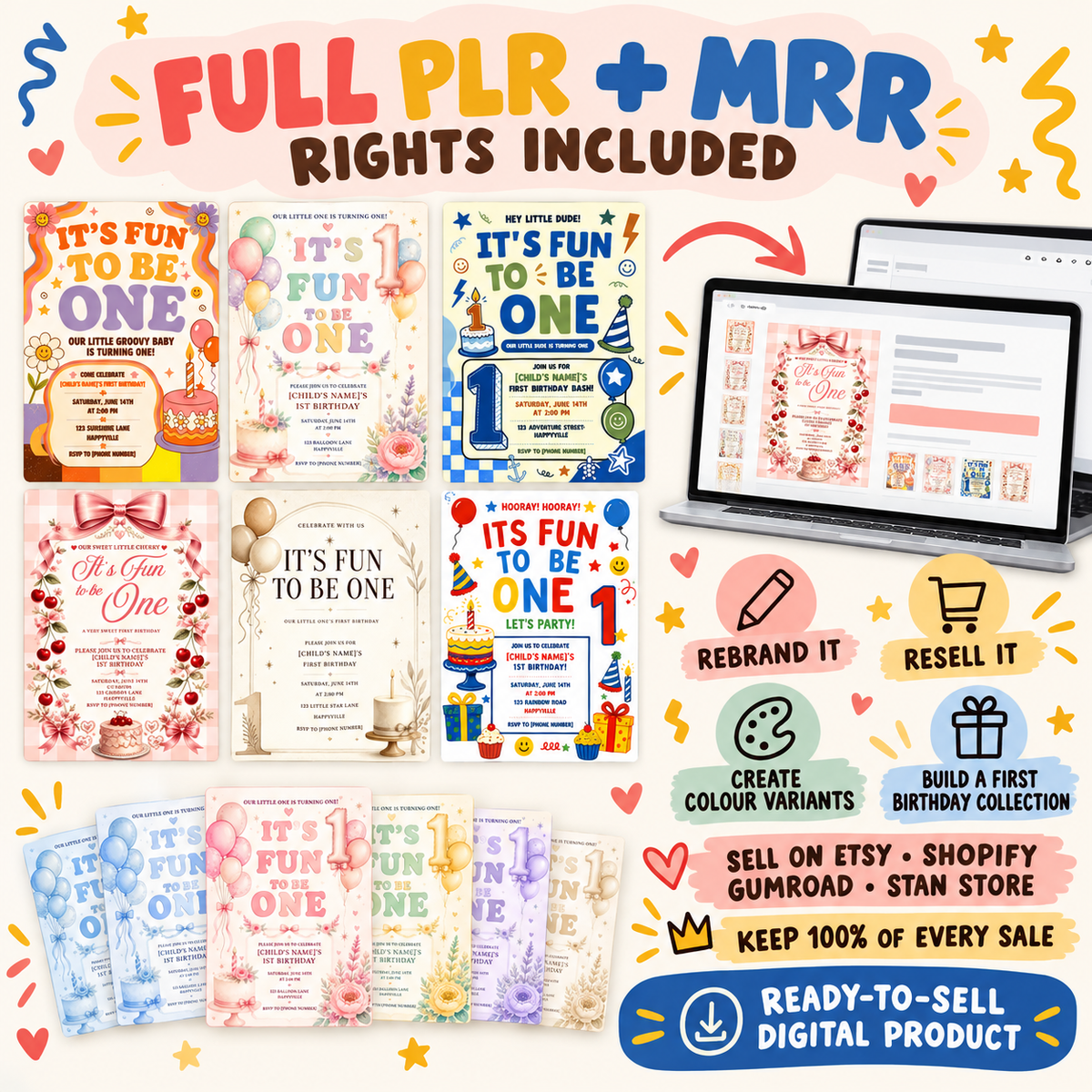 It's Fun to Be One" First Birthday Invitation Template Bundle PLR