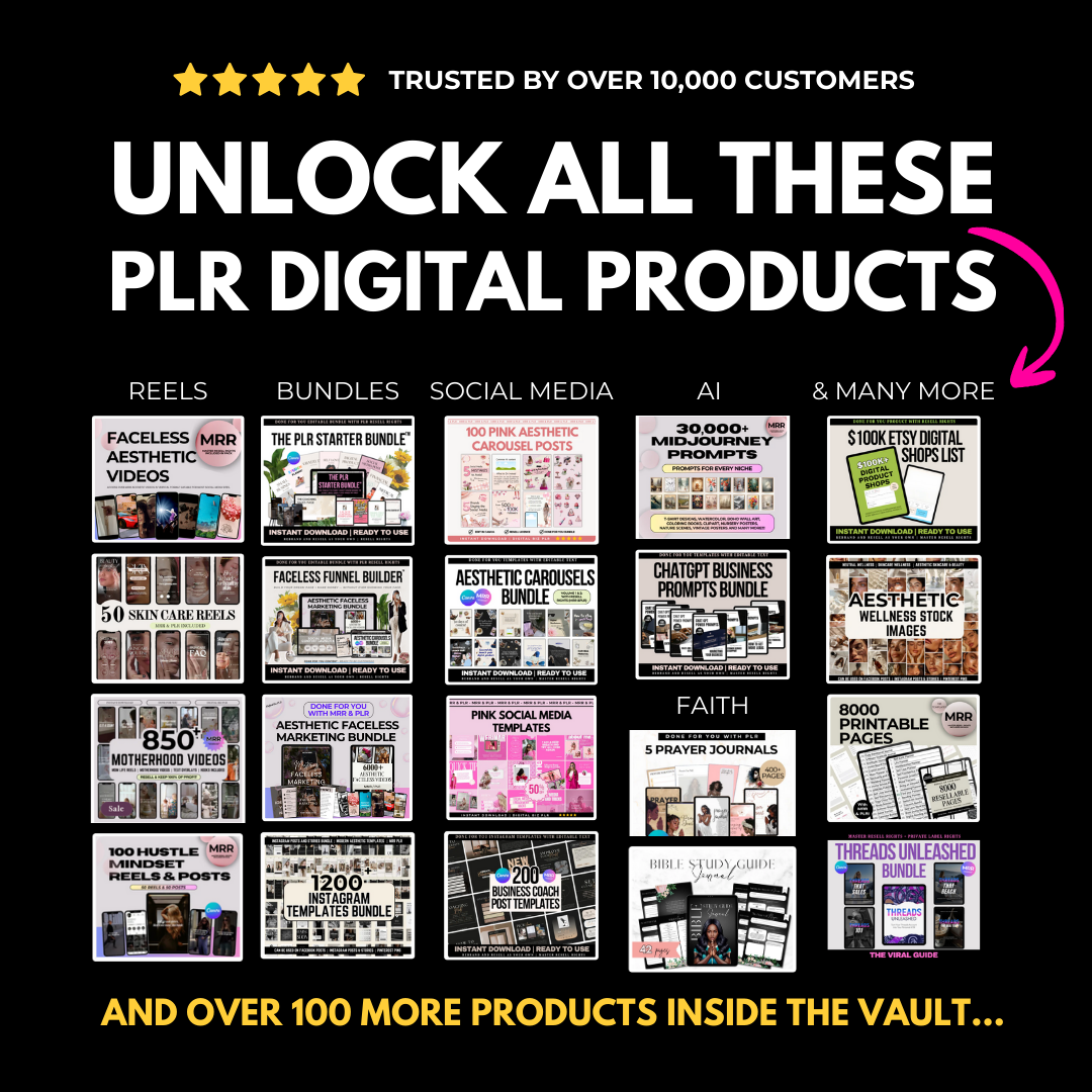 PLR store bundle with 197+ digital products across 6 categories – includes Reels, planners, templates, and more