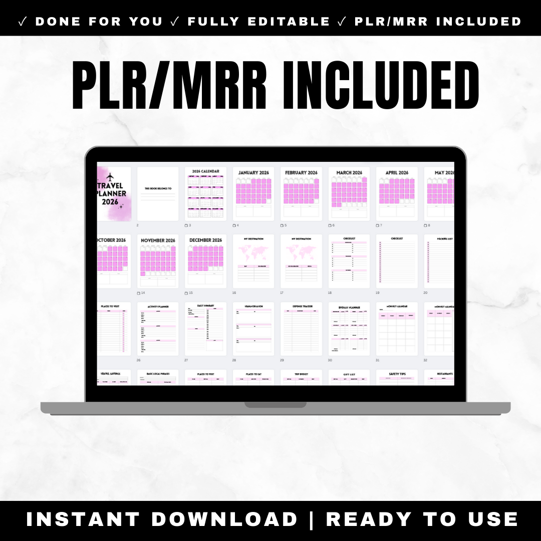 Sell this 60+ page travel planner to clients or on Etsy. Complete vacation organizer with honeymoon section, budget trackers & itinerary templates. PLR/MRR.