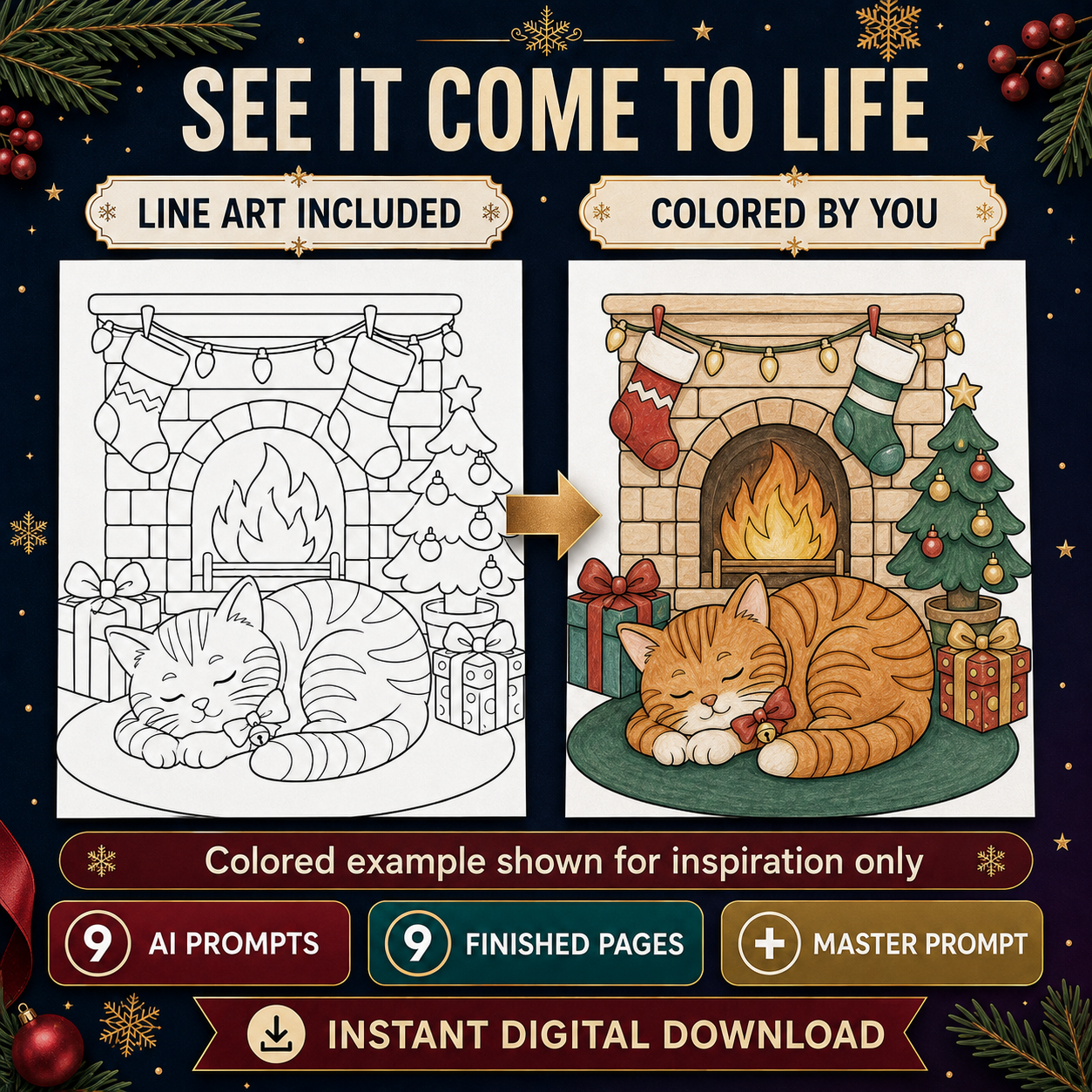Cozy Christmas Cats Coloring Page Prompt Pack