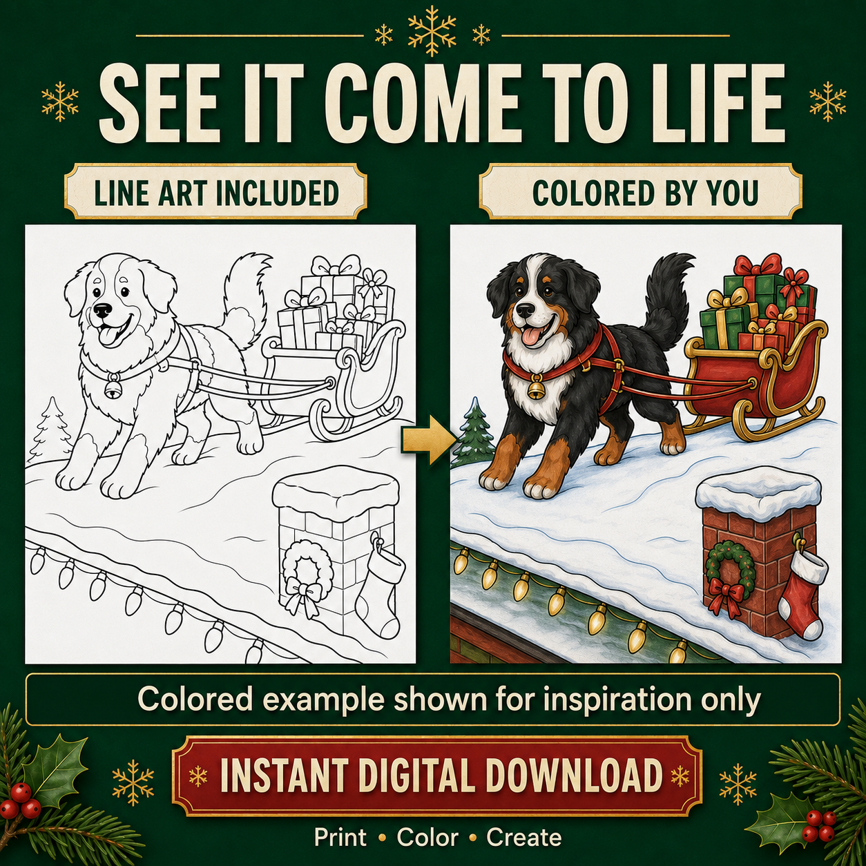 Cozy Christmas Dogs Coloring Page Prompt Pack