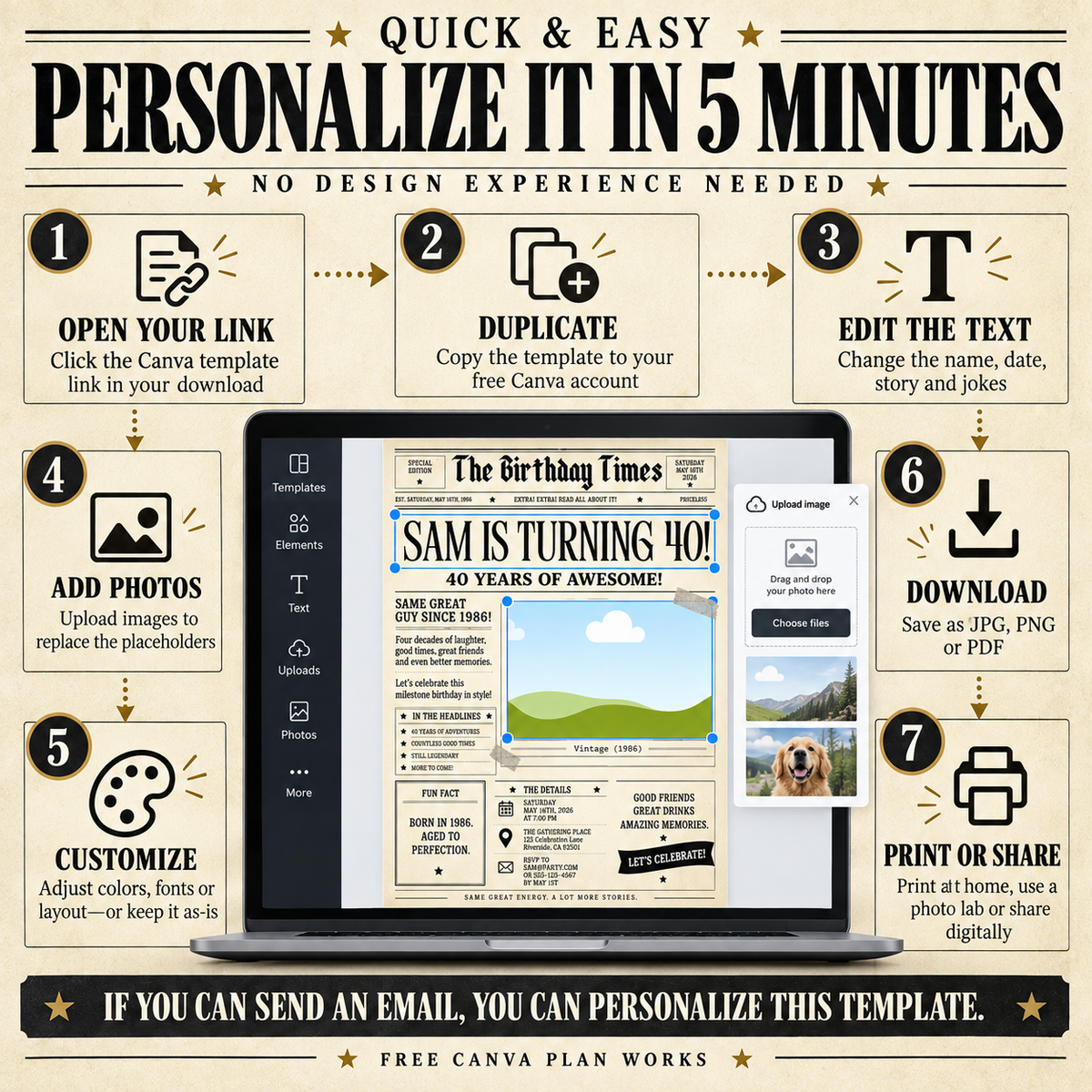 40th Birthday Vintage Newspaper Editable Template