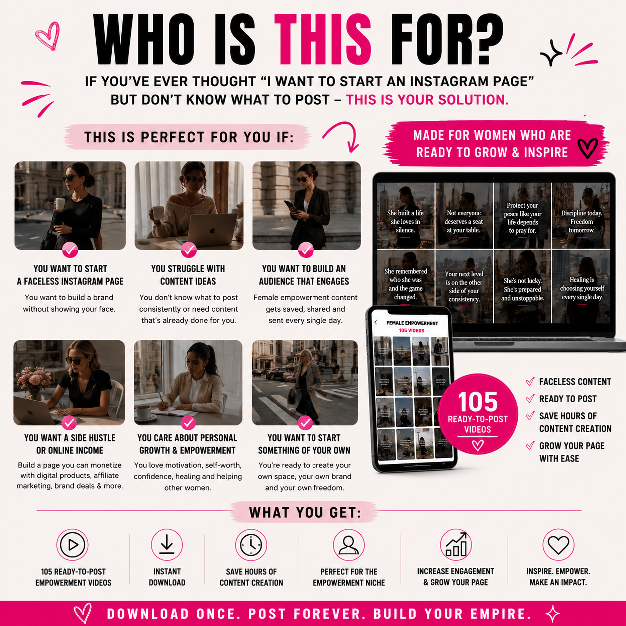 Promotional graphic for an Instagram page creation service targeting women looking to grow and inspire. 105 Faceless Female Empowerment Reels Bundle by Digital Biz PLR - Done-For-You Viral Quote Videos Instagram TikTok - Luxury Feminine Aesthetic - Seven Categories Identity Worth Resilience Comeback Success Ambition Soft Life Peace Women Supporting Women Boundaries Energy New Chapter Growth - Ready to Post No Face No Filming No Editing Required - 3 Plus Months Daily Content - Pre-Designed Overlay Quotes - 2