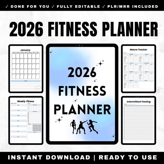 2026 fitness planner with 50 pages including workout tracker, meal planner, body measurement charts and exercise logs with PLR resell rights