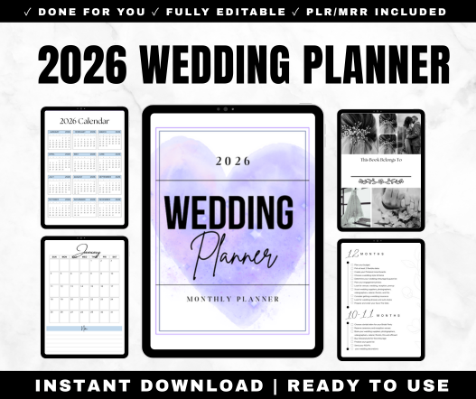 2026 wedding planner printable with PLR and MRR rights - 86 page complete bundle with budget tracker and checklist