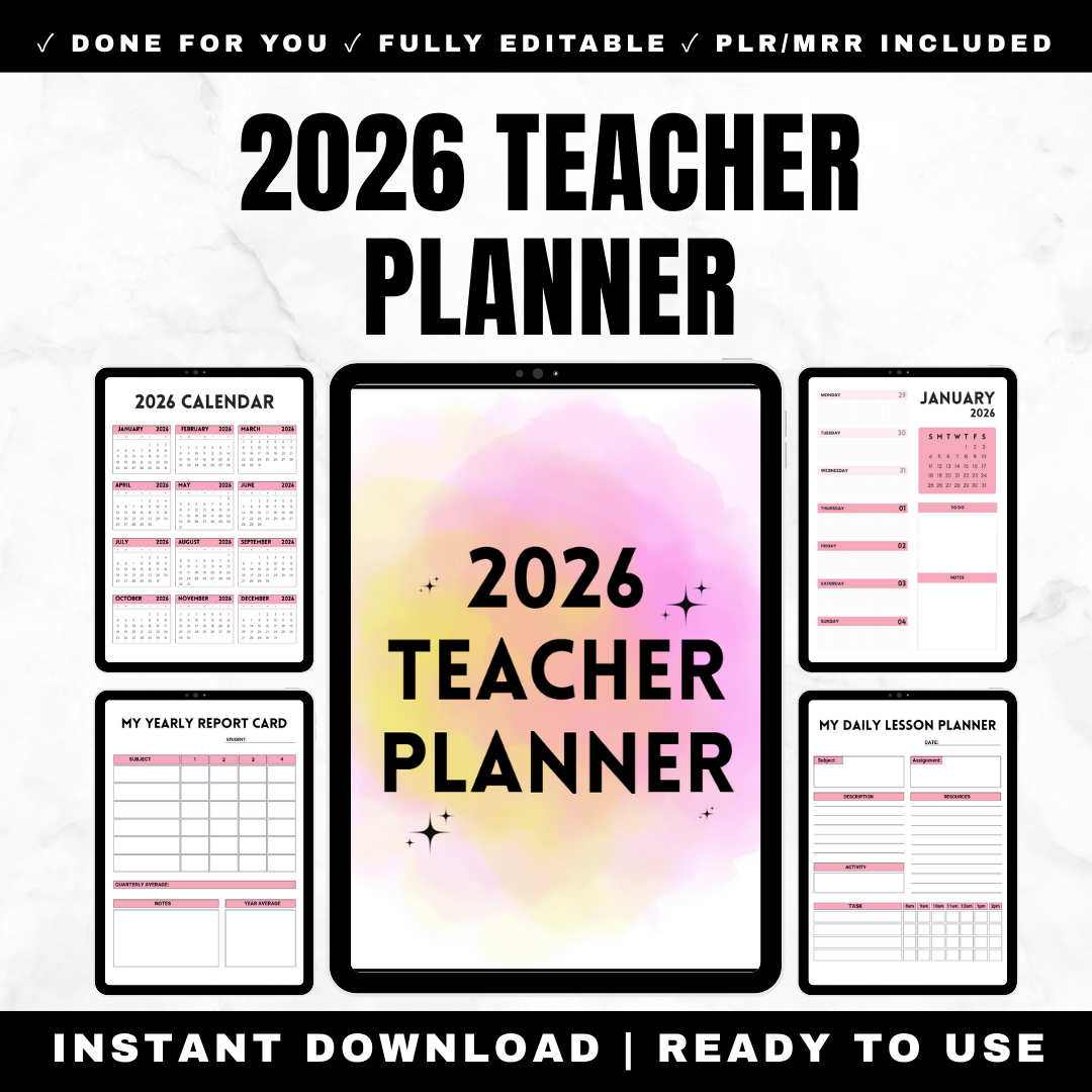 2026 pink teacher planner with 119 pages including lesson plans, grade book, student tracking and classroom management tools with PLR rights