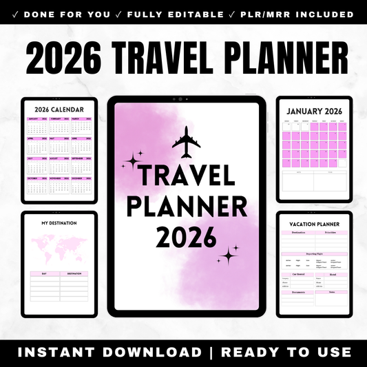60+ page 2026 travel planner with itinerary templates, packing lists, budget trackers & honeymoon section. Full PLR/MRR rights. Canva editable. Download now.
