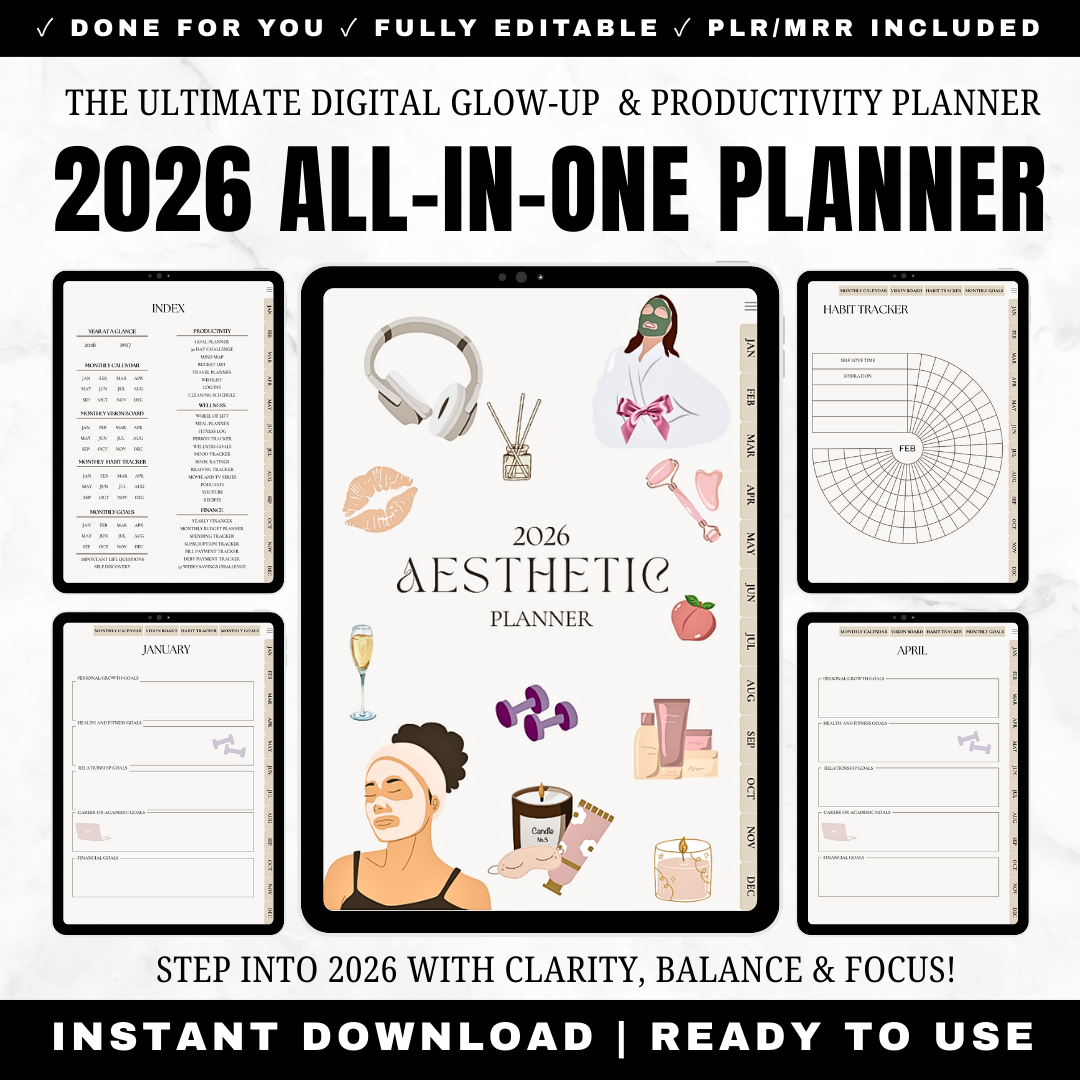 2026 Digital All-in-One Planner: Glow Up, Goal Setting, Daily, Weekly, Monthly Pages, Habit Tracker, Budget & Fitness Templates and More