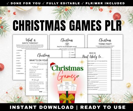 73 Christmas party games bundle PLR with printable trivia, charades and scavenger hunt games