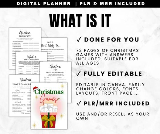 Christmas games bundle features - 65+ printable games with answer keys and Canva editing