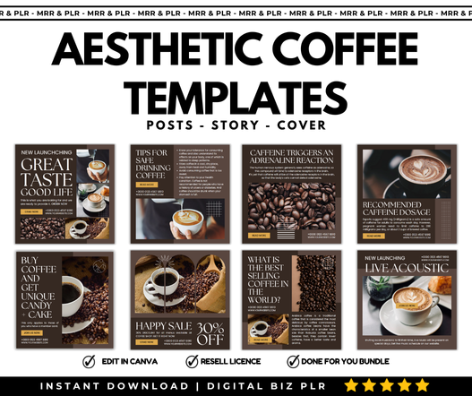 90 aesthetic coffee Instagram templates PLR bundle with cafe social media posts Stories and highlight covers
