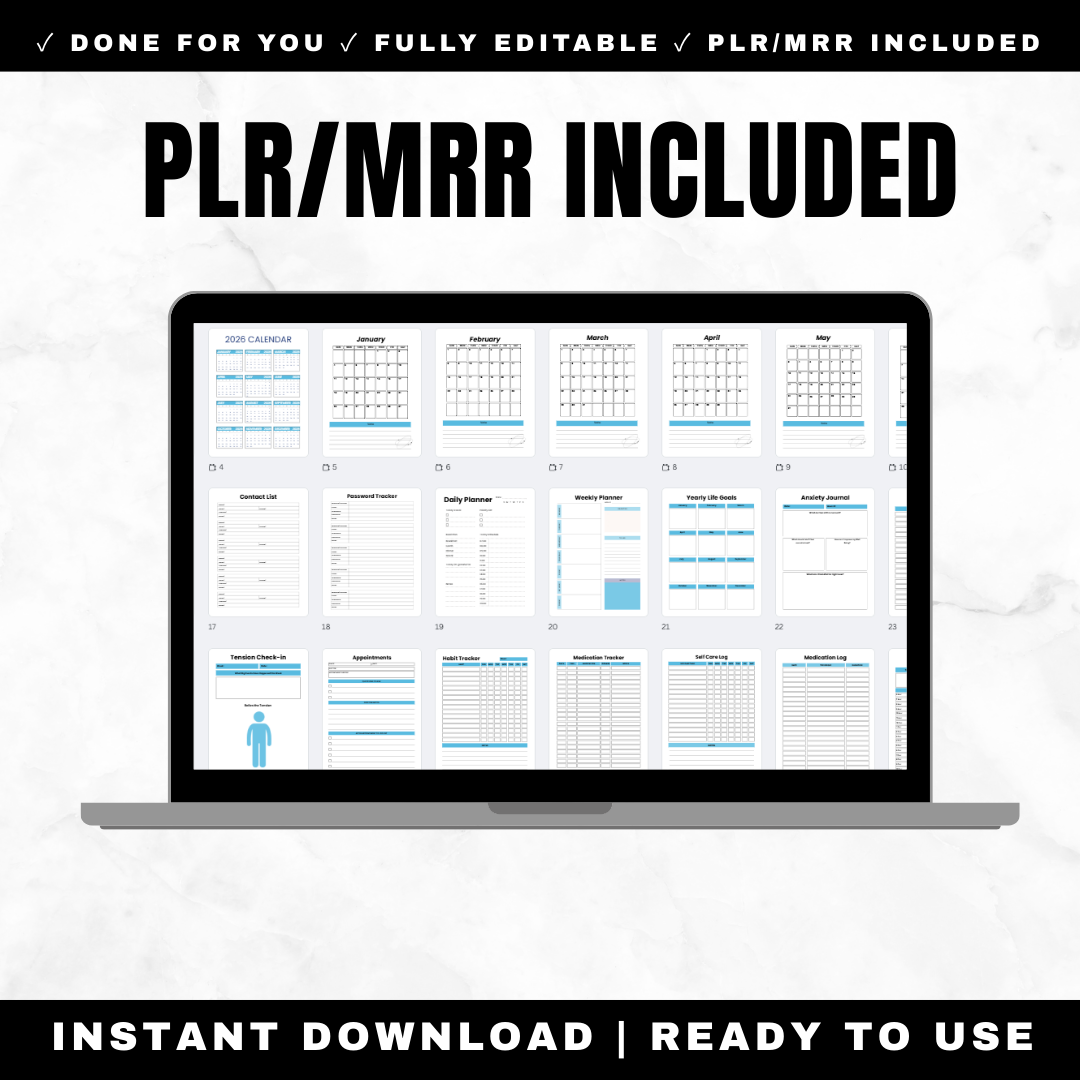 Laptop displaying a digital planner with PLR/MRR included text on a white background