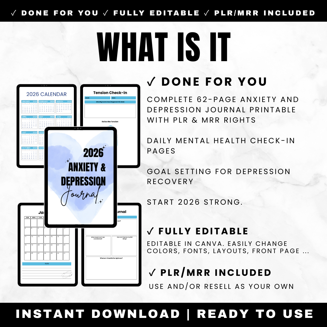 Promotional graphic for an anxiety and depression journal with features listed.
