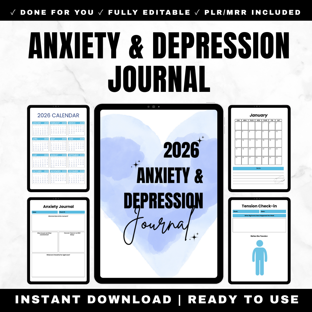 62-Page Anxiety and Depression Journal Printable with PLR & MRR Rights