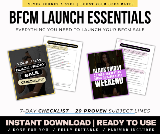 Black Friday Cyber Monday Launch Essentials with checklists and subject lines.