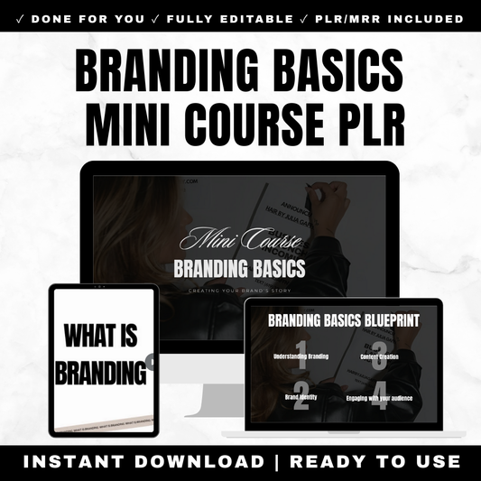 Branding Basics mini course Canva template teaching brand identity, visual design, content strategy and audience engagement with PLR MRR rights
