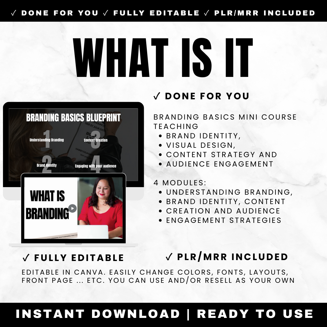 Branding course Canva template showing 4 modules: understanding branding, brand identity, content creation and audience engagement strategies
