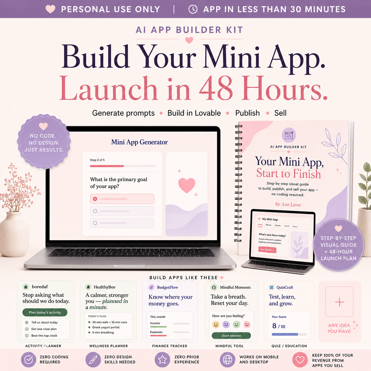 AI App Builder Kit by Digital Biz PLR - Build Your Own App With Lovable No Code Needed - Interactive Prompt Generator Asks 5 Quick Questions About Your App Idea Returns 2 Custom Ready-to-Paste Prompts One to Build Your App in Lovable One to Write Store Listing - Step-by-Step Visual Guide with Real Screenshots Showing How to Paste Prompt Configure Publish Live - 48-Hour Launch Plan Where to Share How to Price What to Post - Works for All App Types Calculators Quizzes Generators Trackers Planners Lead Magnets