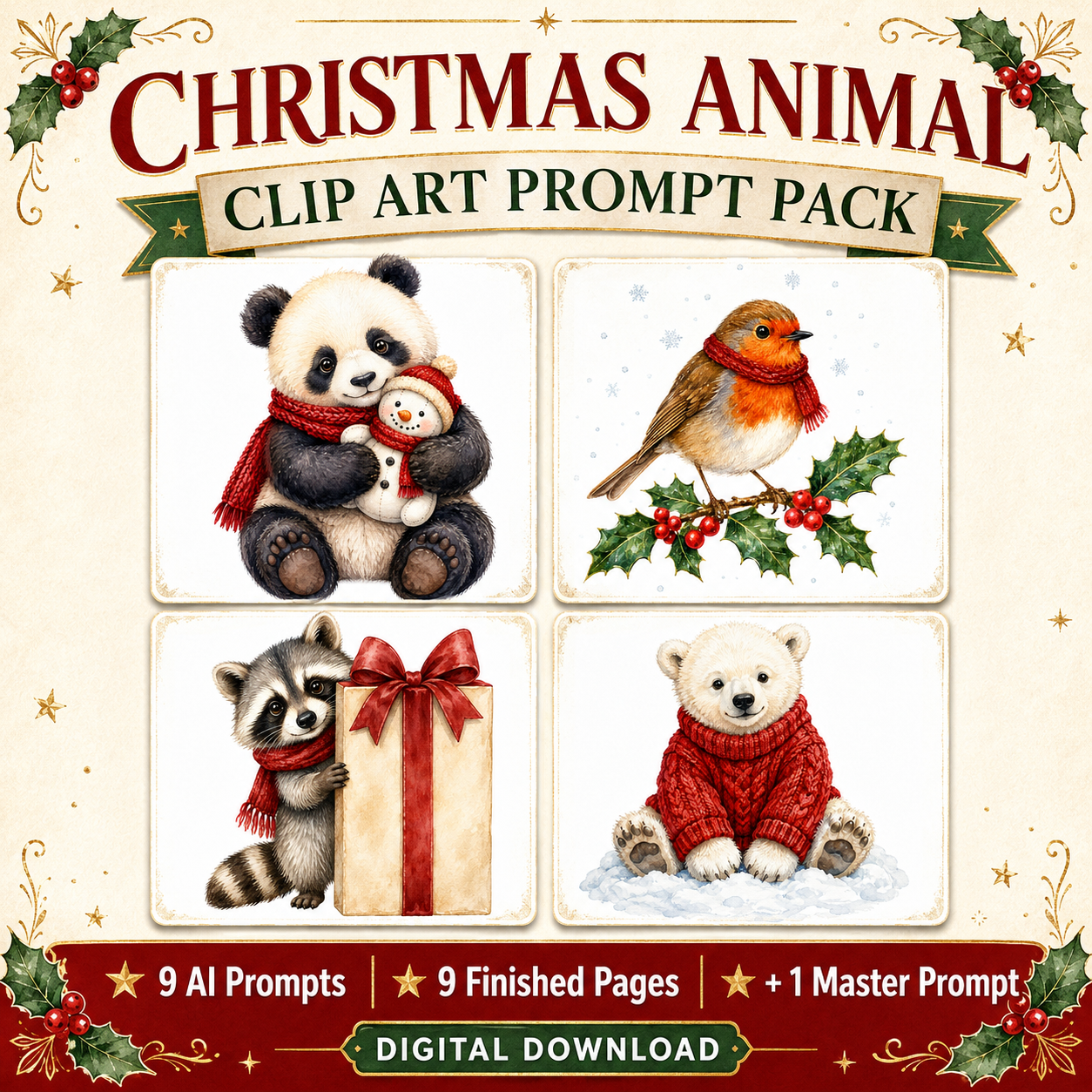 Christmas Animal Clipart AI Prompt Pack