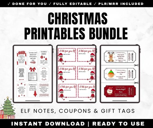 Christmas Printables Bundle: Elf Notes, Coupons & Gift Tags PLR