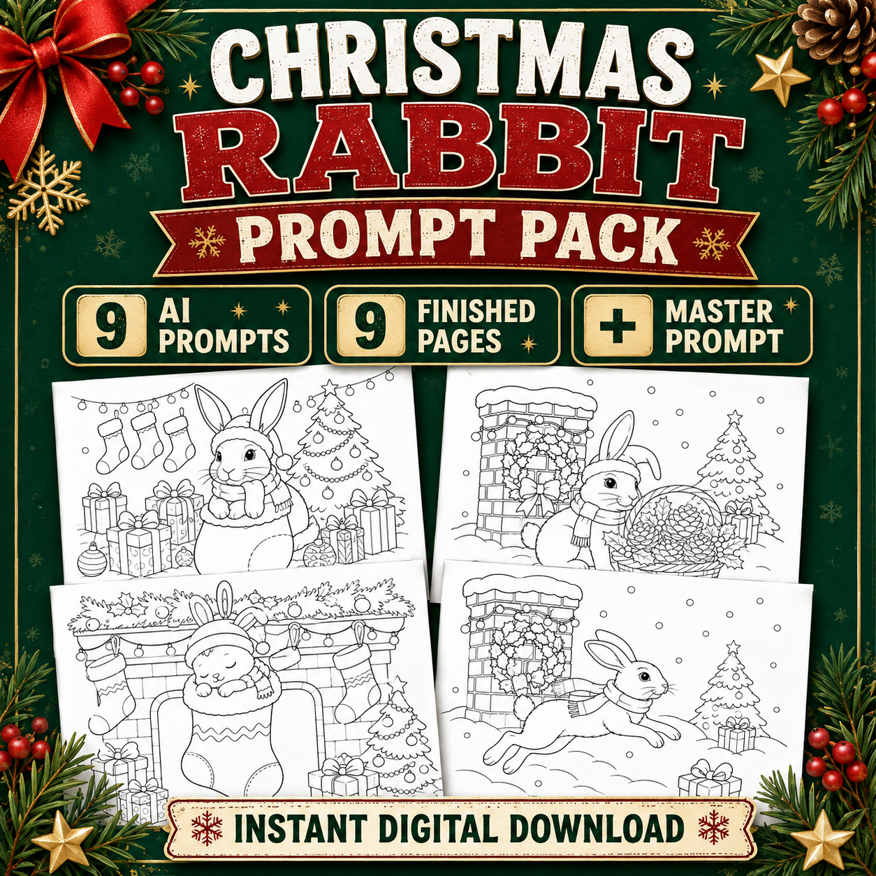 Christmas Rabbit Coloring Page AI Prompt Pack (MRR)