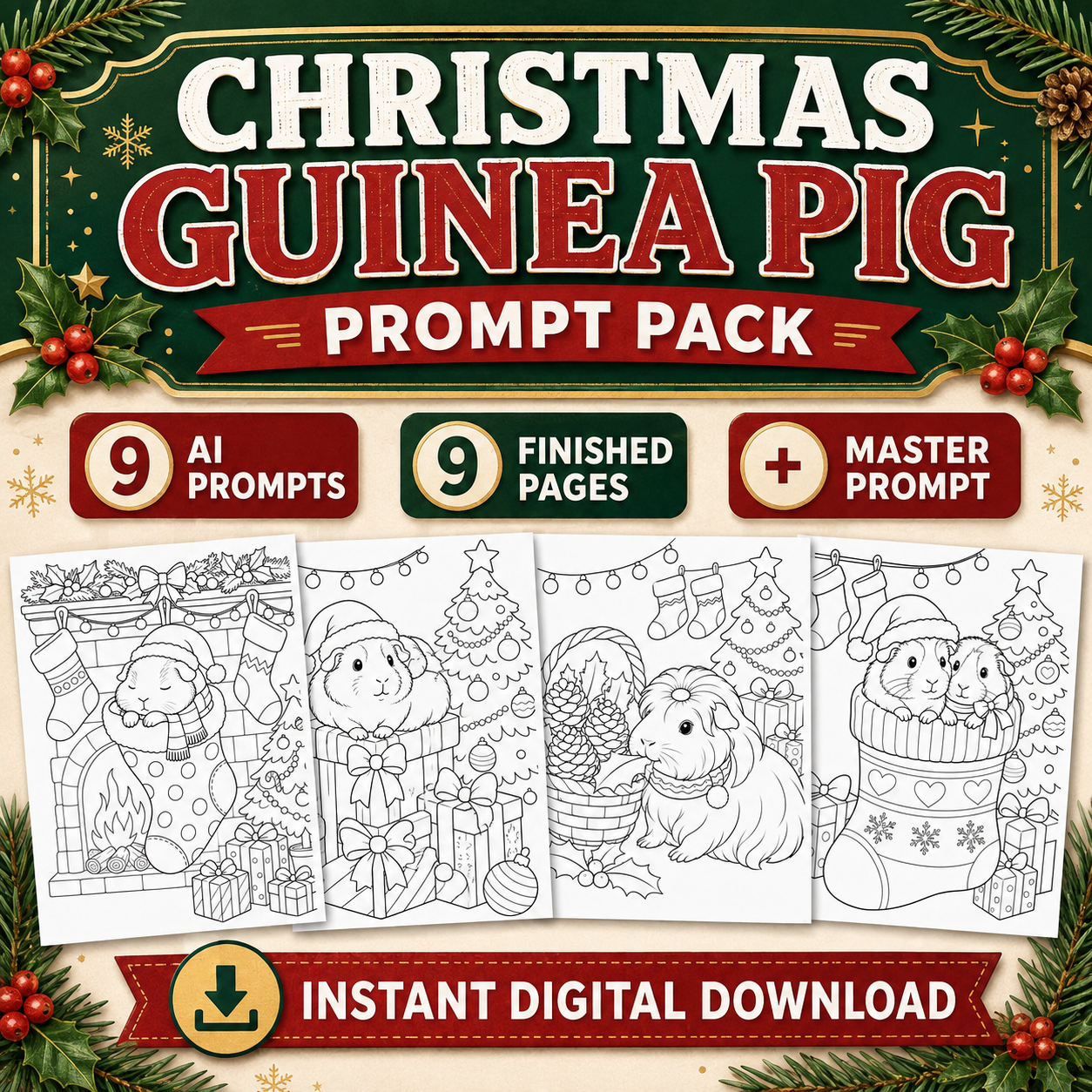 Christmas guinea pig coloring page AI prompt pack digital download