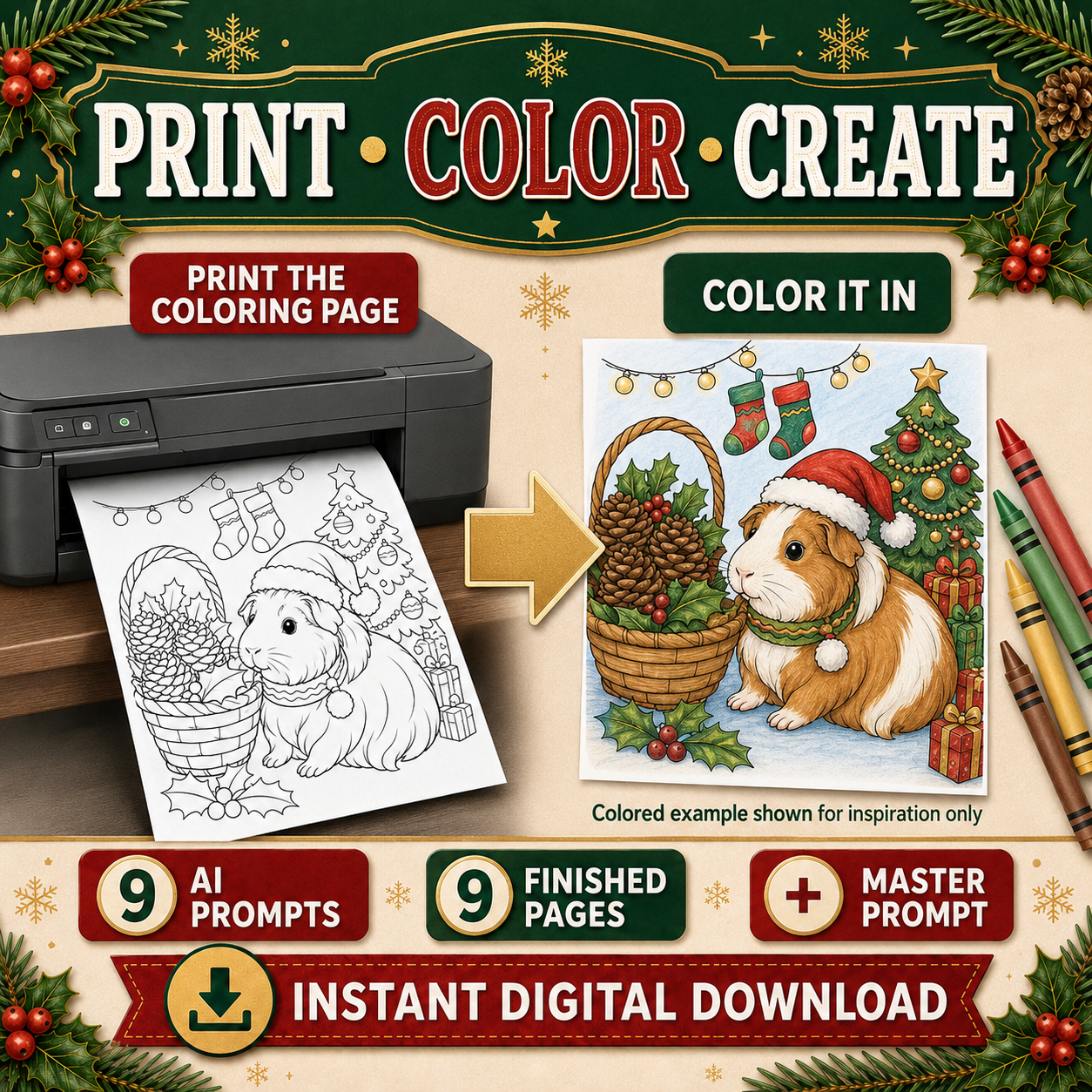 Reusable master AI prompt for Christmas guinea pig coloring pages