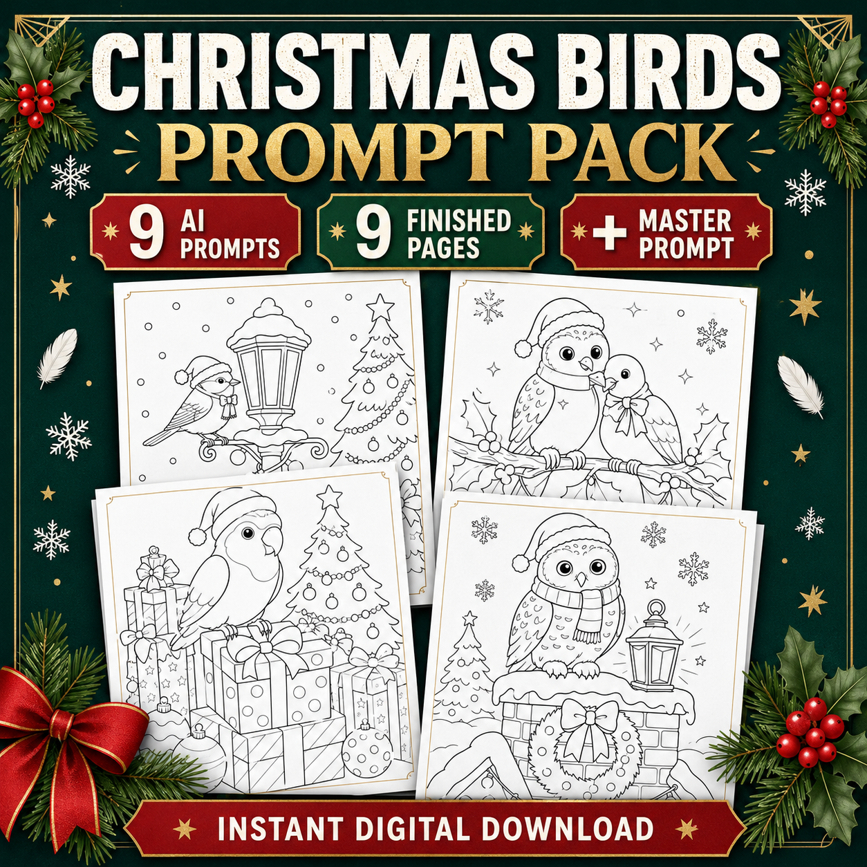 Christmas Bird Coloring Page AI Prompt Pack