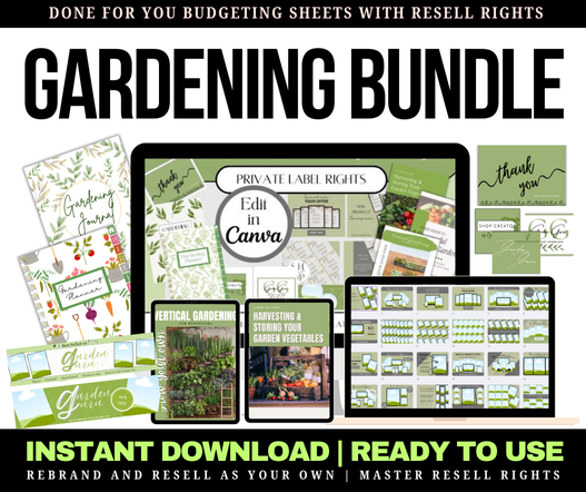 Comprehensive PLR Digital Gardening Bundle featuring eBooks, planners, mockups, and social media templates for gardening businesses.
