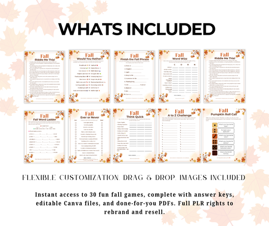 30 Editable Fall Games with PLR Rights | Canva Templates + PDFs + Answer Keys