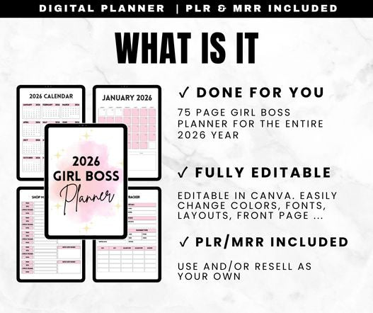 Girl Boss Planner features - goal trackers, calendars, business templates with resell rights