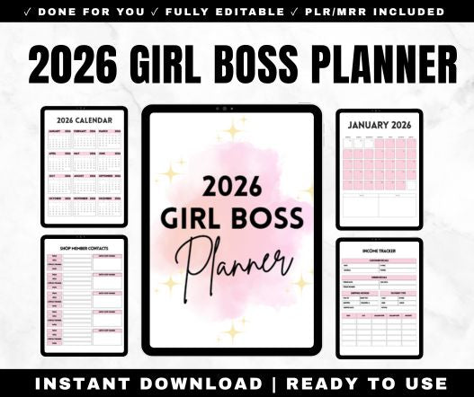 2026 Girl Boss Planner with PLR MRR - 75-page digital planner editable in Canva