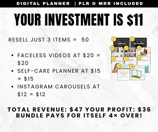 ROI breakdown showing $11 investment turns into $47 revenue by reselling 3 products