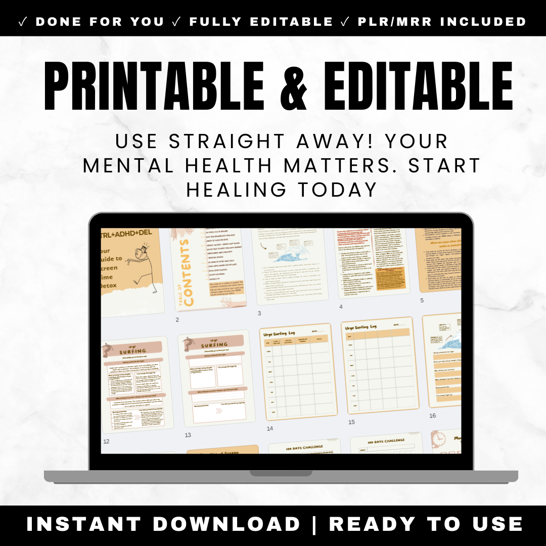 Screen Time Detox Workbook 44 Pages - ADHD Digital Detox Dopamine Reset Phone Addiction Social Media Urge Surfing 100 Day Challenge Printable PDF Editable Canva PLR MRR
