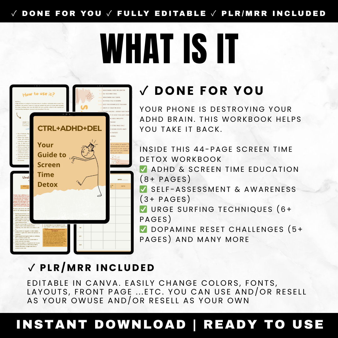 Screen Time Detox Workbook 44 Pages - ADHD Digital Detox Dopamine Reset Phone Addiction Social Media Urge Surfing 100 Day Challenge Printable PDF Editable Canva PLR MRR
