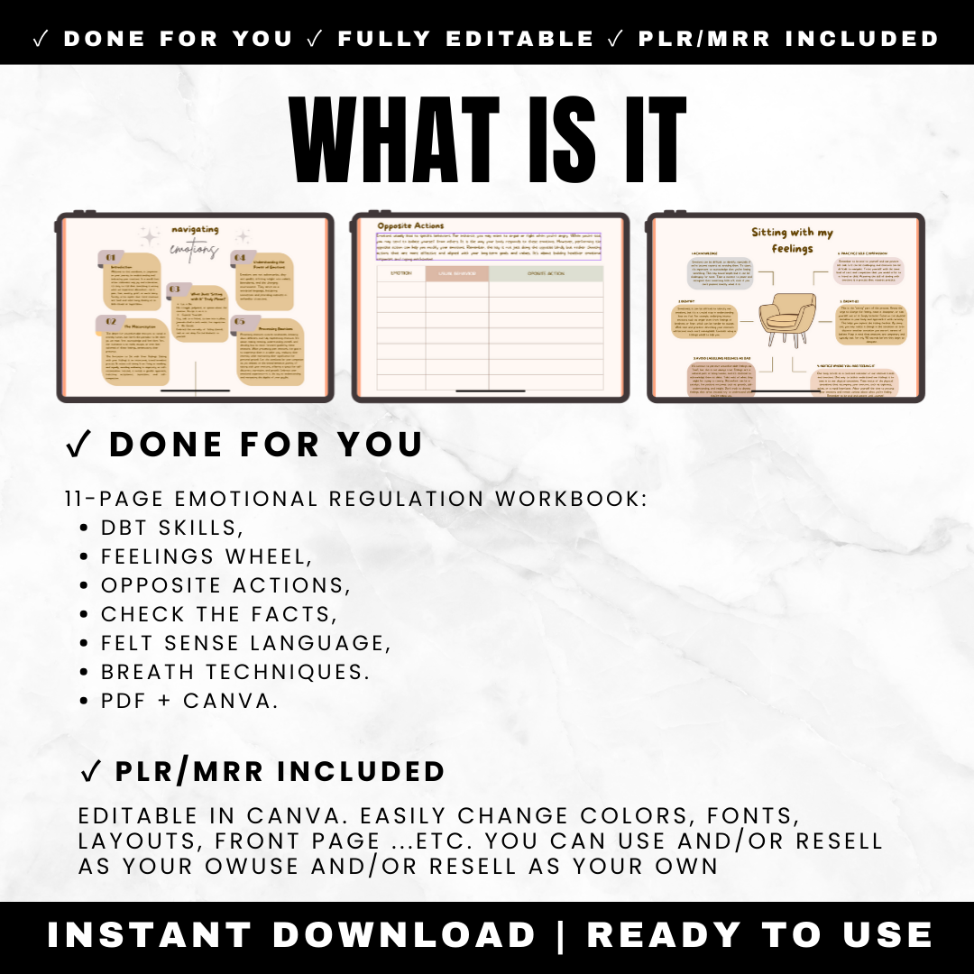 Emotional Regulation Workbook 11 Pages - DBT Skills Feelings Wheel Opposite Actions Check Facts Felt Sense Language Breath Techniques Self-Compassion Landscape PDF Editable Canva PLR MRR