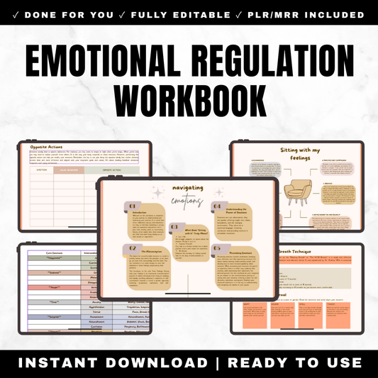 Emotional Regulation Workbook 11 Pages - DBT Skills Feelings Wheel Opposite Actions Check Facts Felt Sense Language Breath Techniques Self-Compassion Landscape PDF Editable Canva PLR MRR