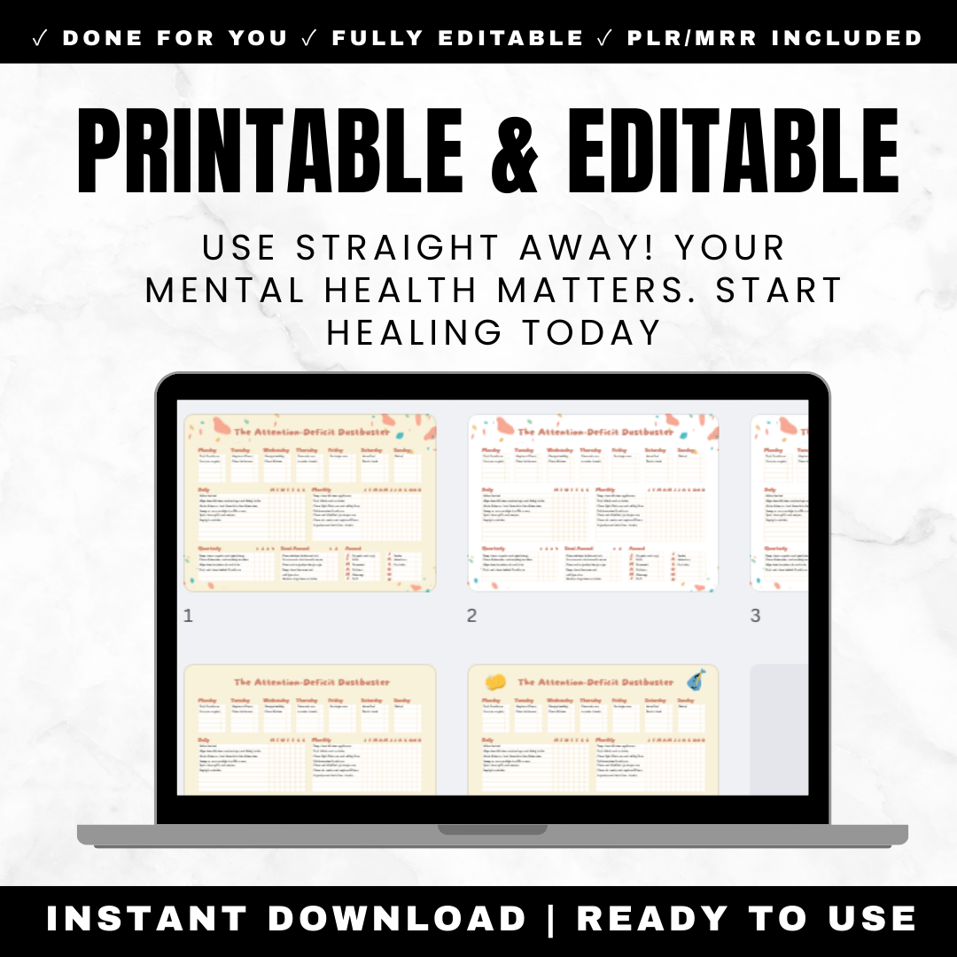 ADHD Daily Cleaning Tracker Attention Deficit Dustbuster - One Page Dashboard 9 Design Variations Morning Afternoon Evening Routines Habits Meal Planning Printable PDF Editable Canva PLR MRR