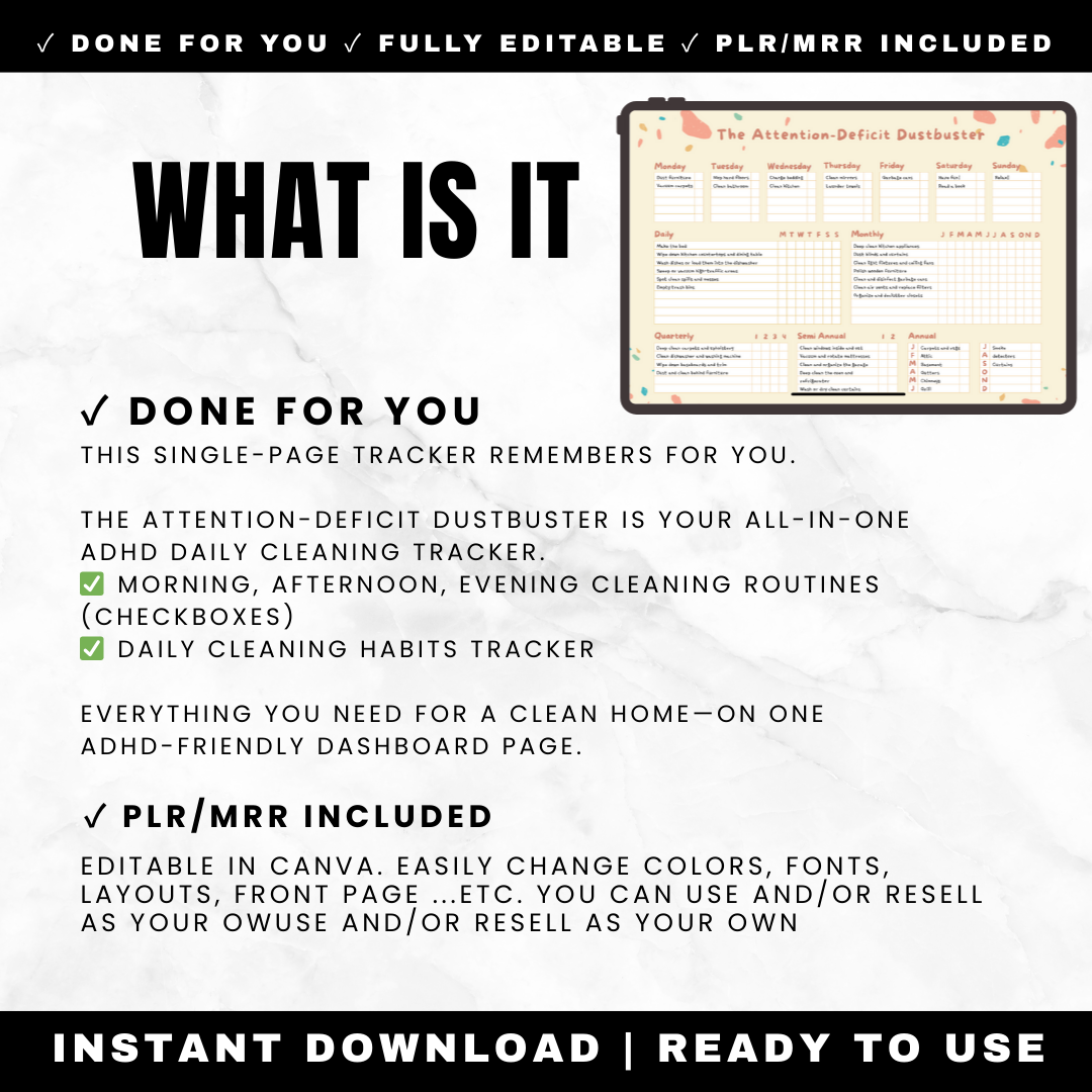 ADHD Daily Cleaning Tracker Attention Deficit Dustbuster - One Page Dashboard 9 Design Variations Morning Afternoon Evening Routines Habits Meal Planning Printable PDF Editable Canva PLR MRR